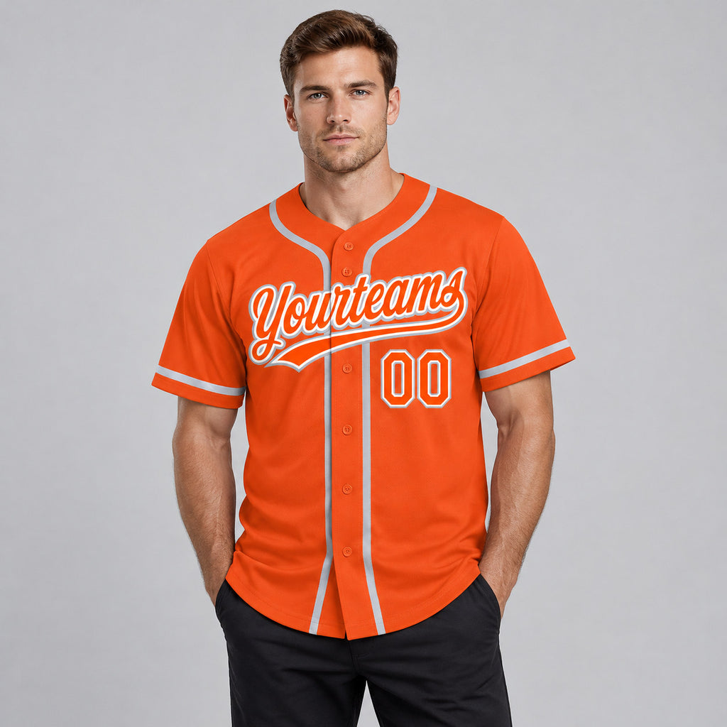 Custom Orange Button Down Reversible Baseball Jersey with White and Gray Lettering worn by male model