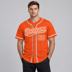 Custom Orange Button Down Reversible Baseball Jersey with White and Gray Lettering worn by male model