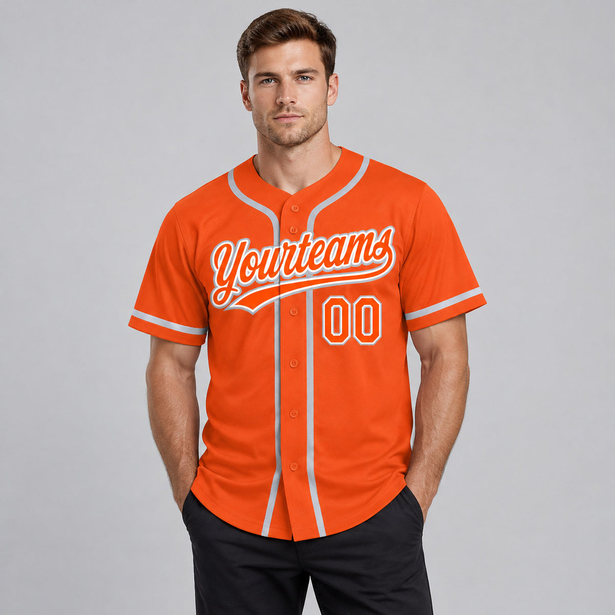 Custom Orange Button Down Reversible Baseball Jersey with White and Gray Lettering worn by male model