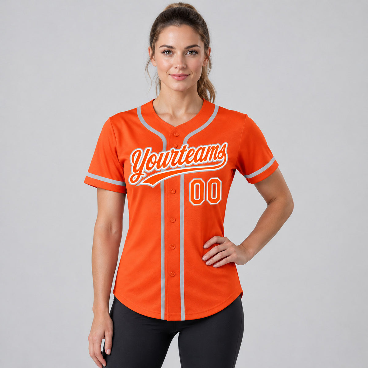 Custom Orange Button Down Reversible Baseball Jersey with White and Gray Lettering worn by female model