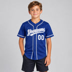 Custom Royal Button Down Reversible Baseball Jersey with White and Gray Lettering youth size worn by child model