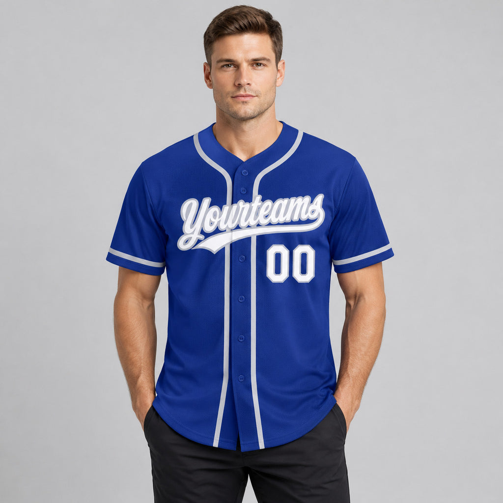 Custom Royal Button Down Reversible Baseball Jersey with White and Gray Lettering worn by male model
