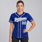 Custom Royal Button Down Reversible Baseball Jersey with White and Gray Lettering worn by female model