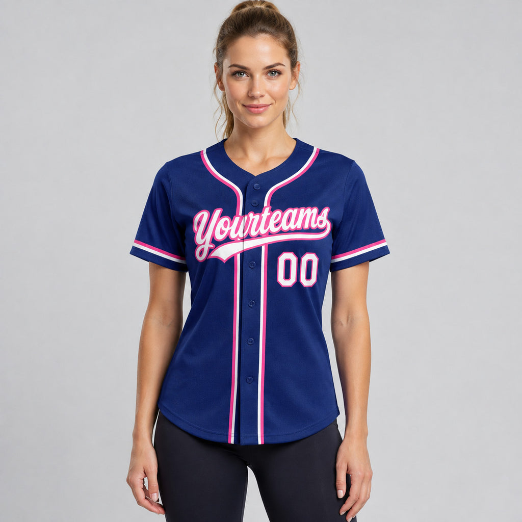 Custom Royal Button Down Reversible Baseball Jersey with White and Pink Lettering worn by female model