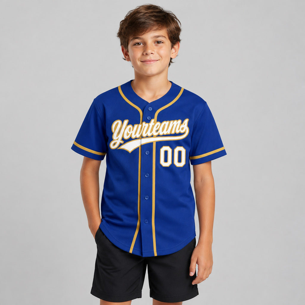 Custom Royal Button Down Reversible Baseball Jersey with White and Old Gold Lettering youth size worn by child model