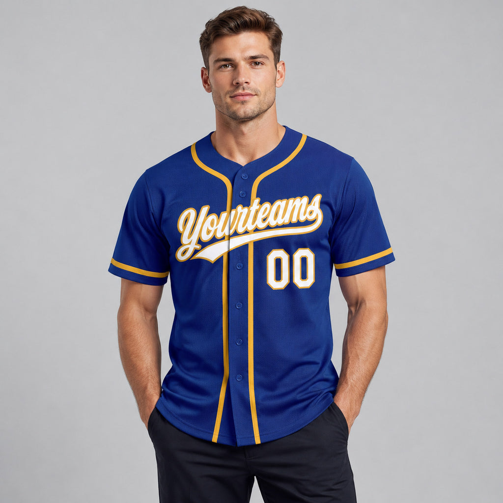 Custom Royal Button Down Reversible Baseball Jersey with White and Old Gold Lettering worn by male model