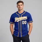 Custom Royal Button Down Reversible Baseball Jersey with White and Old Gold Lettering worn by male model