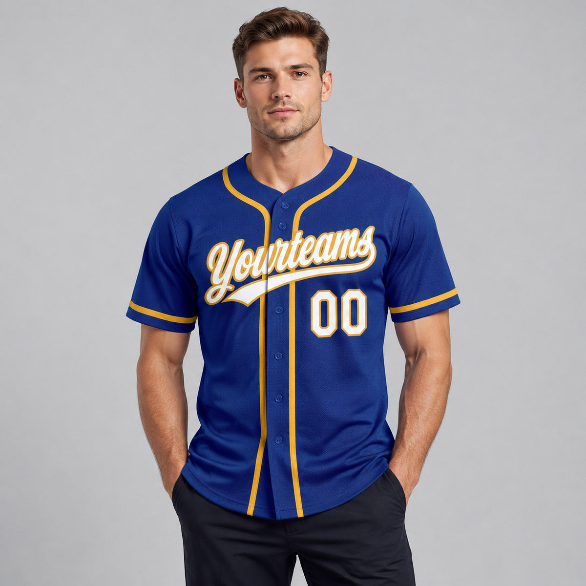Custom Royal Button Down Reversible Baseball Jersey with White and Old Gold Lettering worn by male model