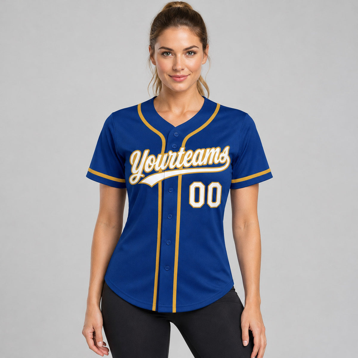 Custom Royal Button Down Reversible Baseball Jersey with White and Old Gold Lettering worn by female model