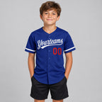 Custom Royal Button Down Reversible Baseball Jersey with Gray Lettering youth size worn by child model