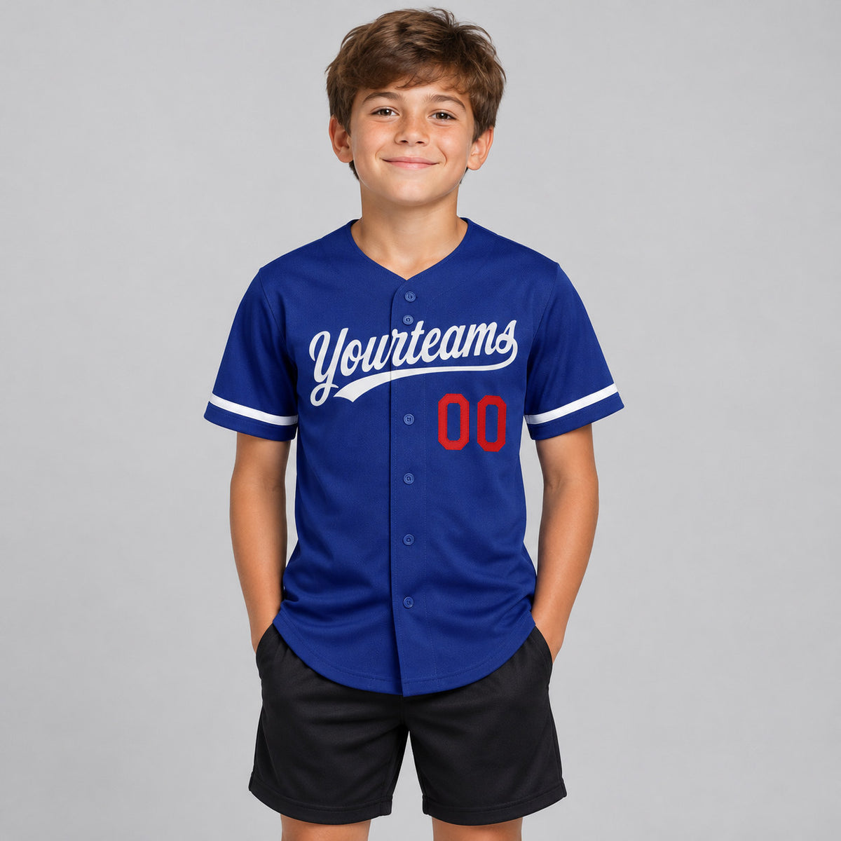 Custom Royal Button Down Reversible Baseball Jersey with Gray Lettering youth size worn by child model