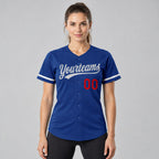 Custom Royal Button Down Reversible Baseball Jersey with Gray Lettering worn by female model