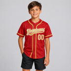 Custom Red Button Down Reversible Baseball Jersey with Old Gold and White Lettering youth size worn by child model