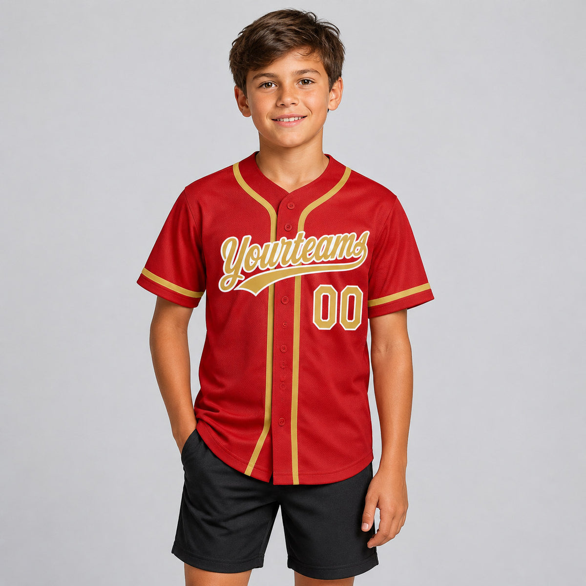 Custom Red Button Down Reversible Baseball Jersey with Old Gold and White Lettering youth size worn by child model