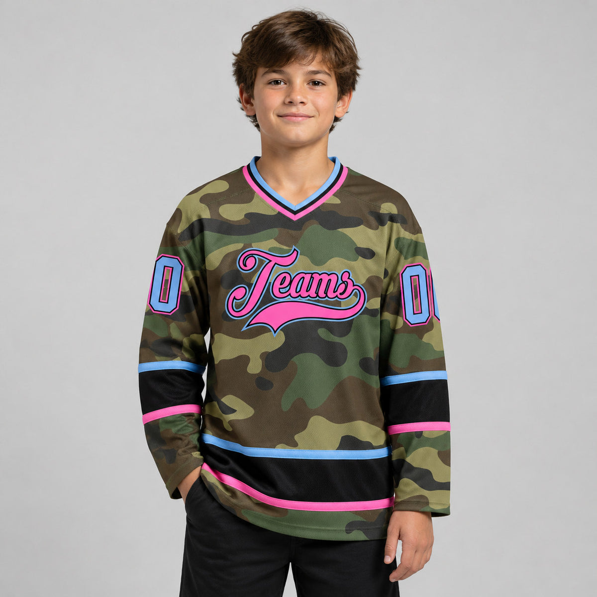 Custom Light Blue and Pink Camo Salute To Service Hockey Jersey youth size worn by child model