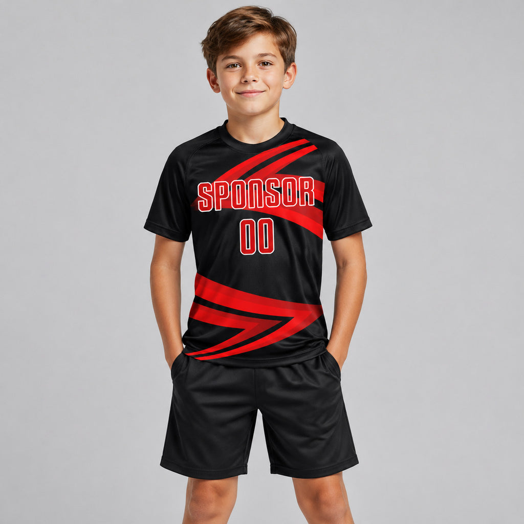 Custom Black Sublimated Soccer Jersey with Red and White Lettering Design 0549 youth size worn by child model