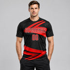 Custom Black Sublimated Soccer Jersey with Red and White Lettering Design 0549 worn by male model