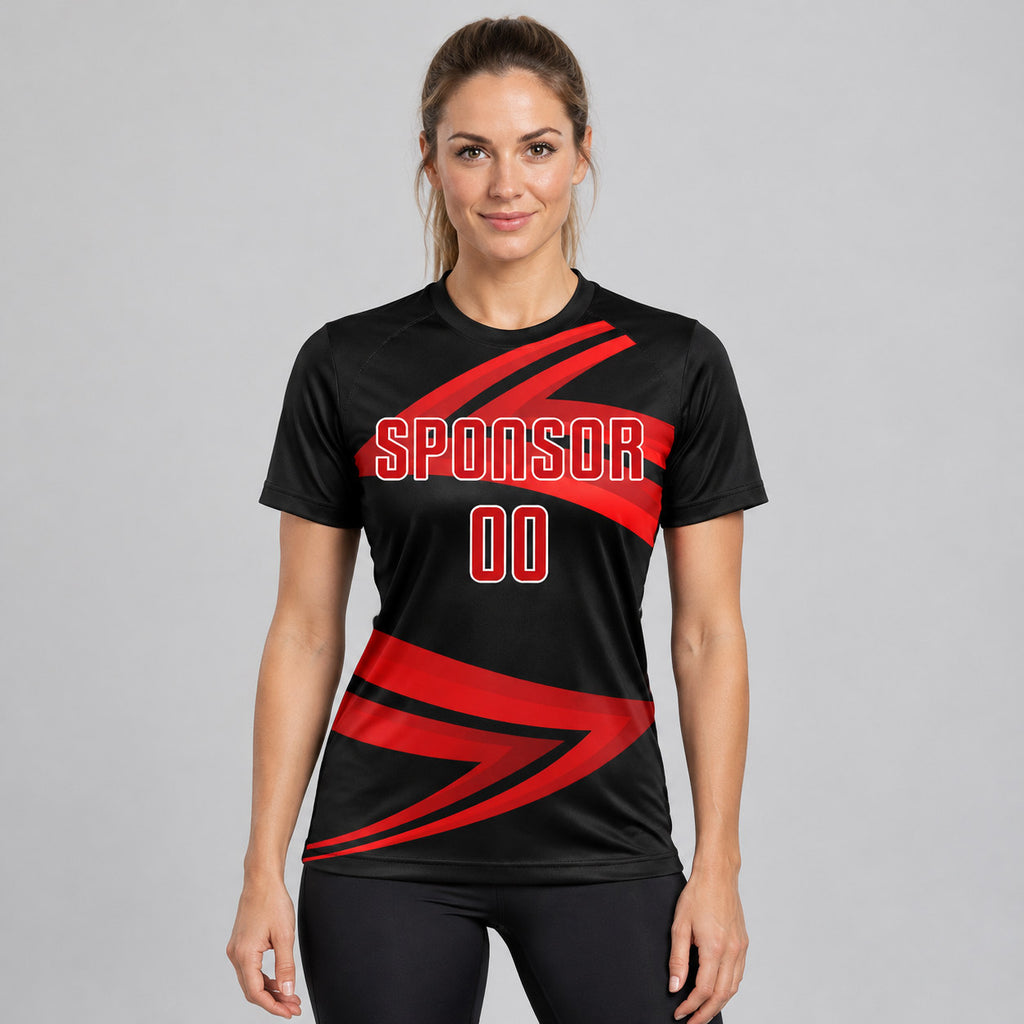 Custom Black Sublimated Soccer Jersey with Red and White Lettering Design 0549 worn by female model