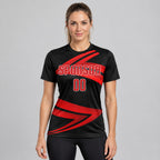 Custom Black Sublimated Soccer Jersey with Red and White Lettering Design 0549 worn by female model