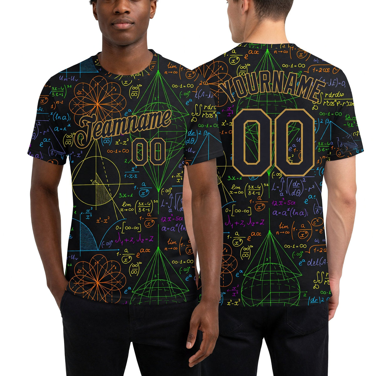 Custom 3D Pattern Design Math Performance T-Shirt worn front and back