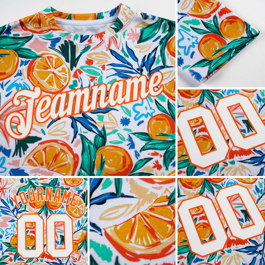 Custom White Orange 3D Pattern Design Fruit Performance T-Shirt detail
