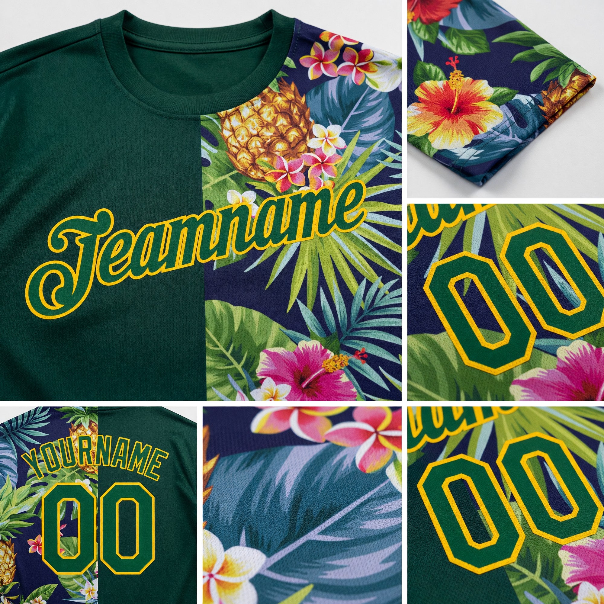 Custom 3D Pattern Design Tropical Pattern With Pineapples Palm Leaves And Flowers Performance T-Shirt detail