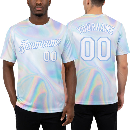 Custom 3D Pattern Design Abstract Trendy Holographic Vaporwave Style Performance T-Shirt worn front and back