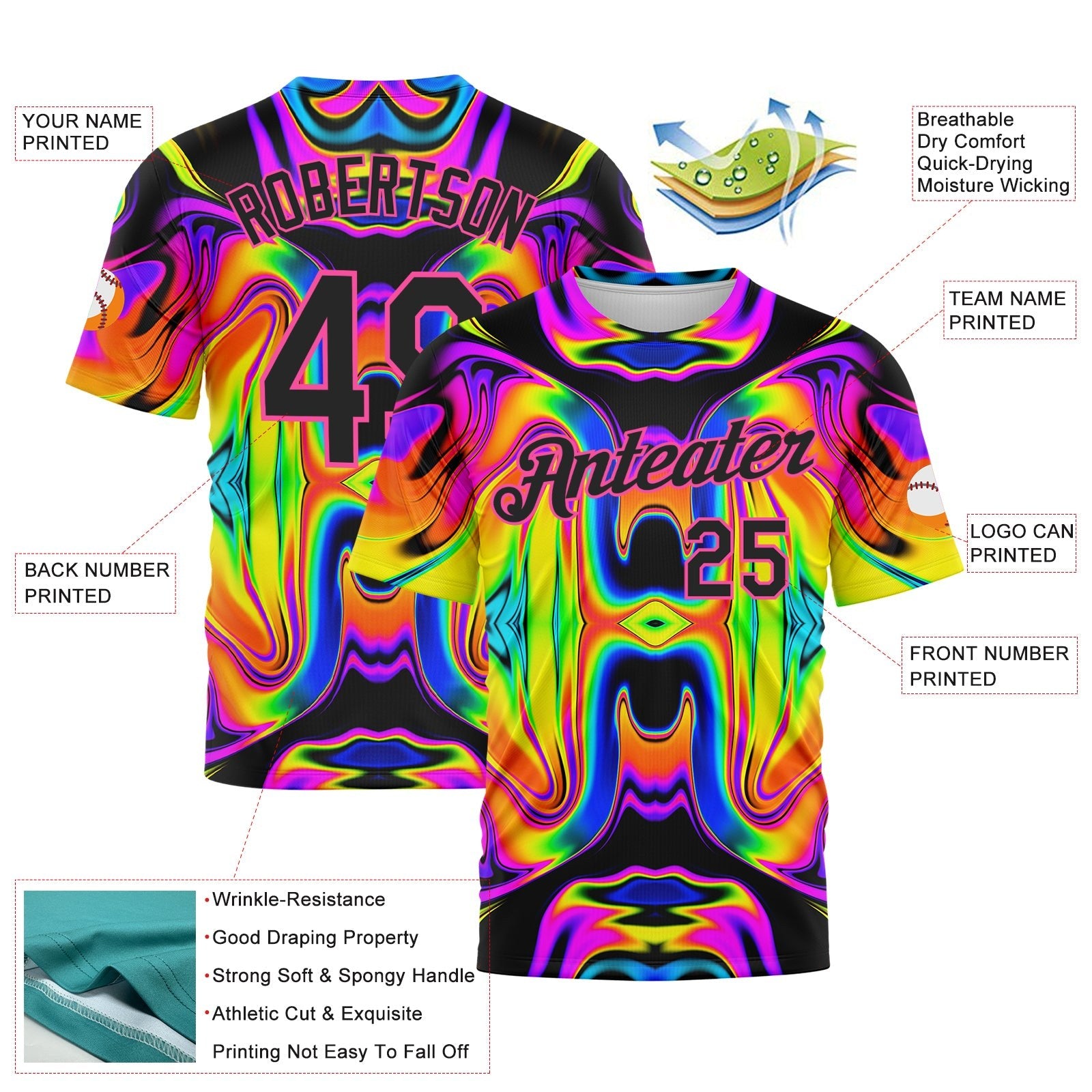 Custom 3D Pattern Design Abstract Iridescent Psychedelic Swirl Fluid Art Performance T-Shirt photo 2
