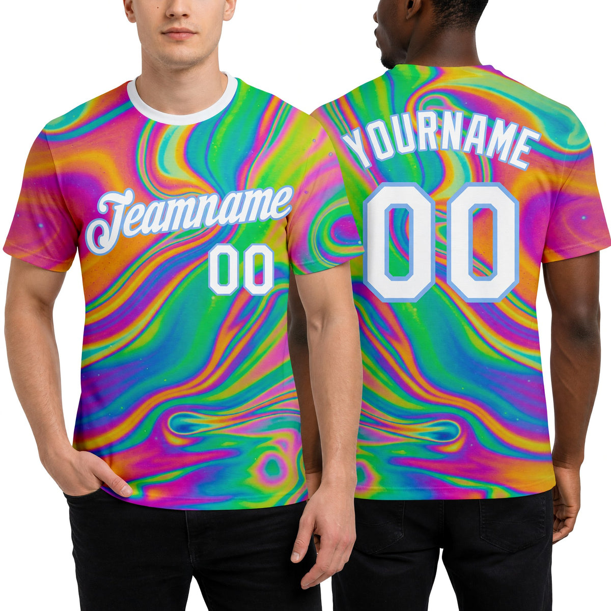 Custom 3D Pattern Design Abstract Colorful Psychedelic Fluid Art Performance T-Shirt worn front and back