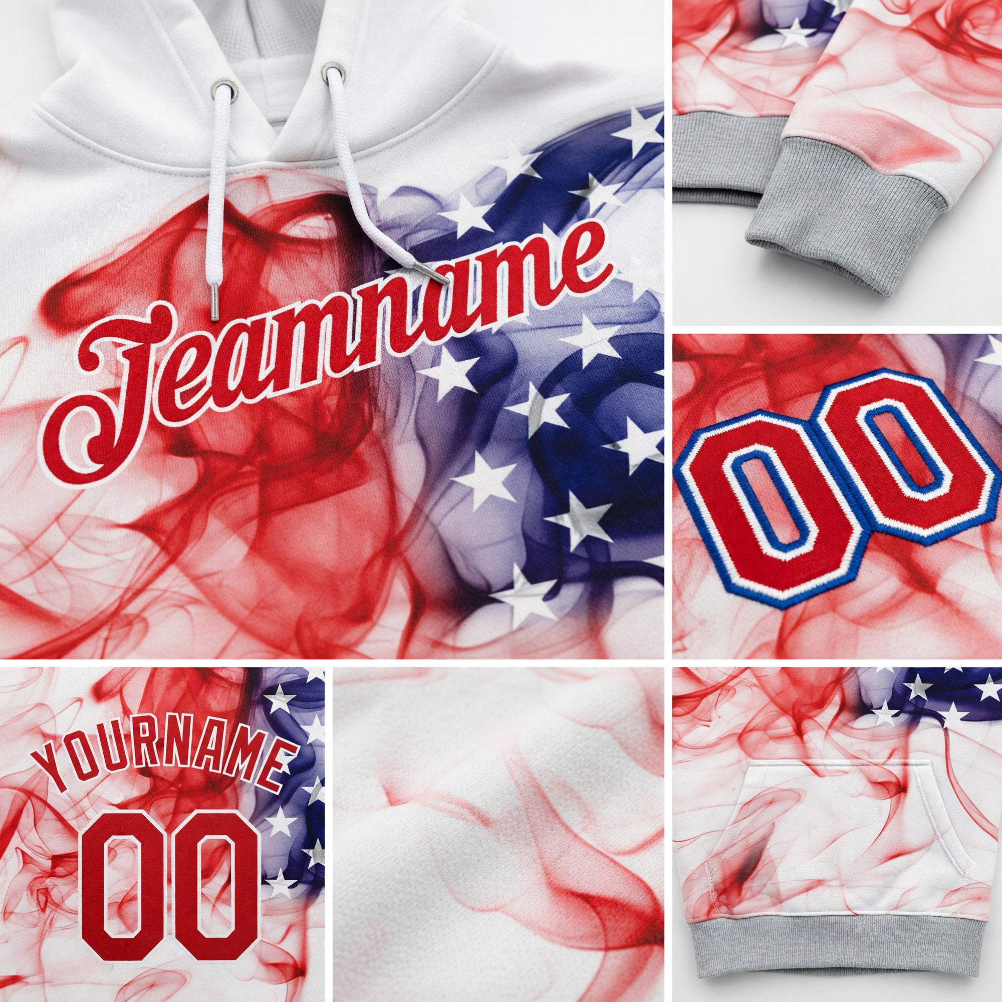 Custom Stitched White Red-Royal 3D American Flag Fashion Sports Pullover Sweatshirt Hoodie detail
