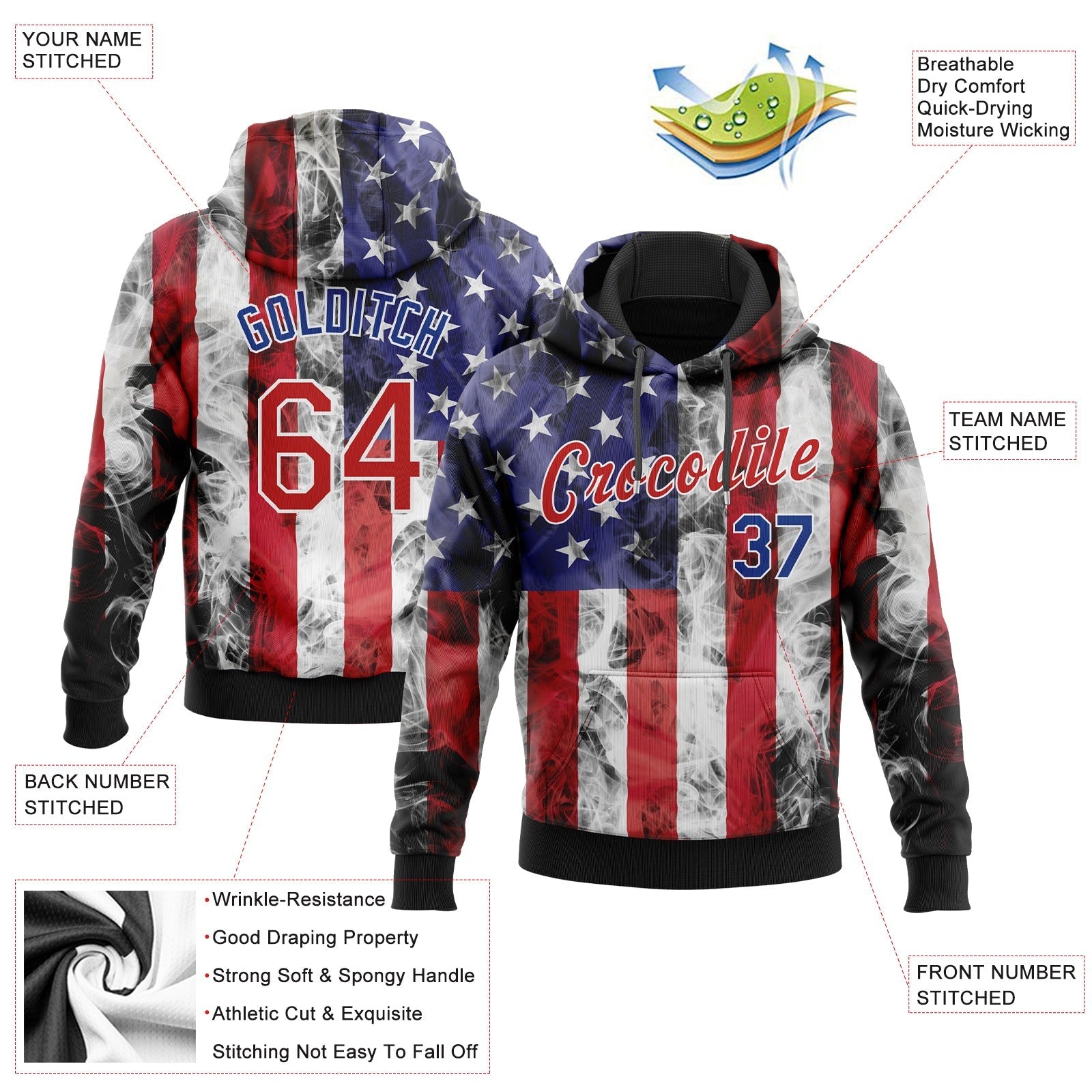 Custom Stitched White Red Royal-Black 3D American Flag Fashion Sports Pullover Sweatshirt Hoodie photo 3