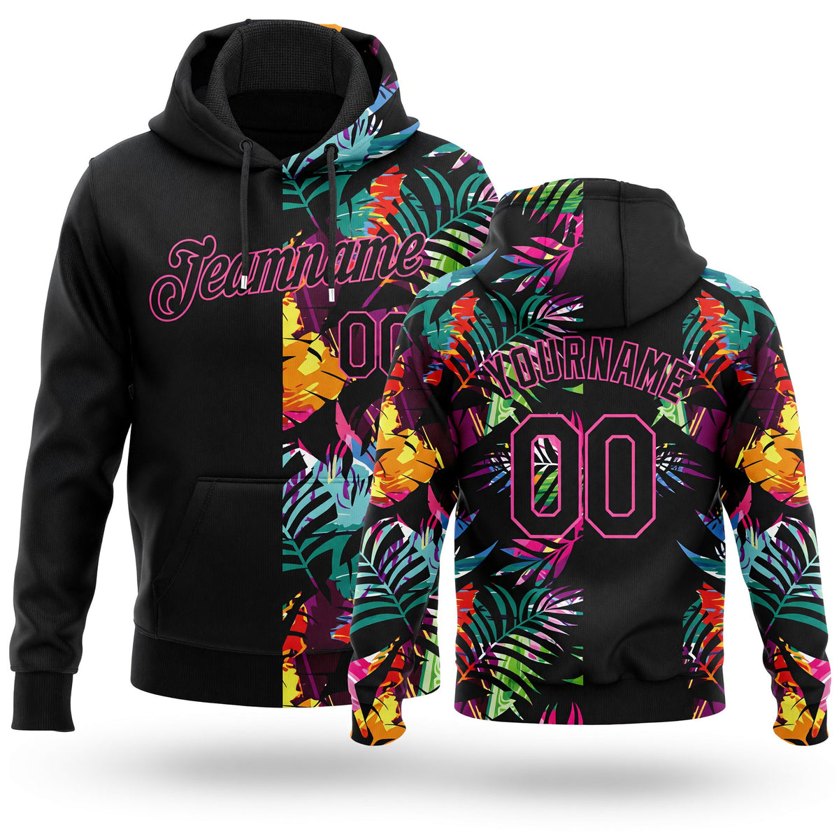 Custom Stitched Black Black-Pink 3D Pattern Design Tropical Palm Leaves Sports Pullover Sweatshirt Hoodie