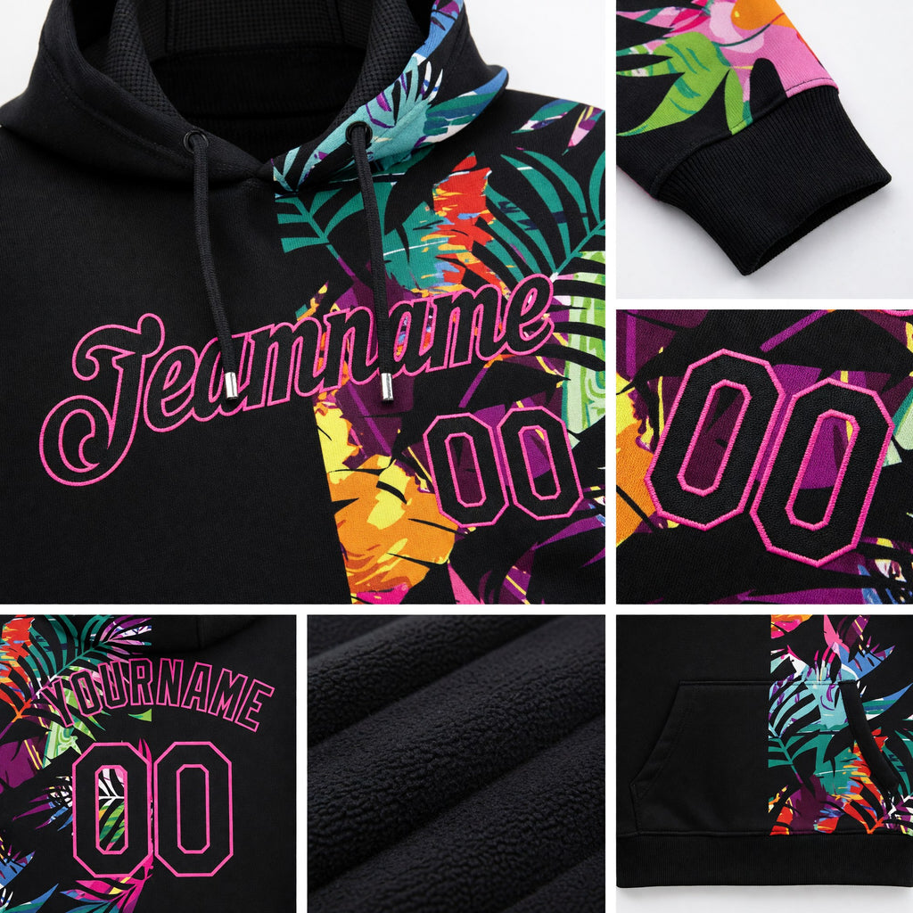 Custom Stitched Black Black-Pink 3D Pattern Design Tropical Palm Leaves Sports Pullover Sweatshirt Hoodie detail