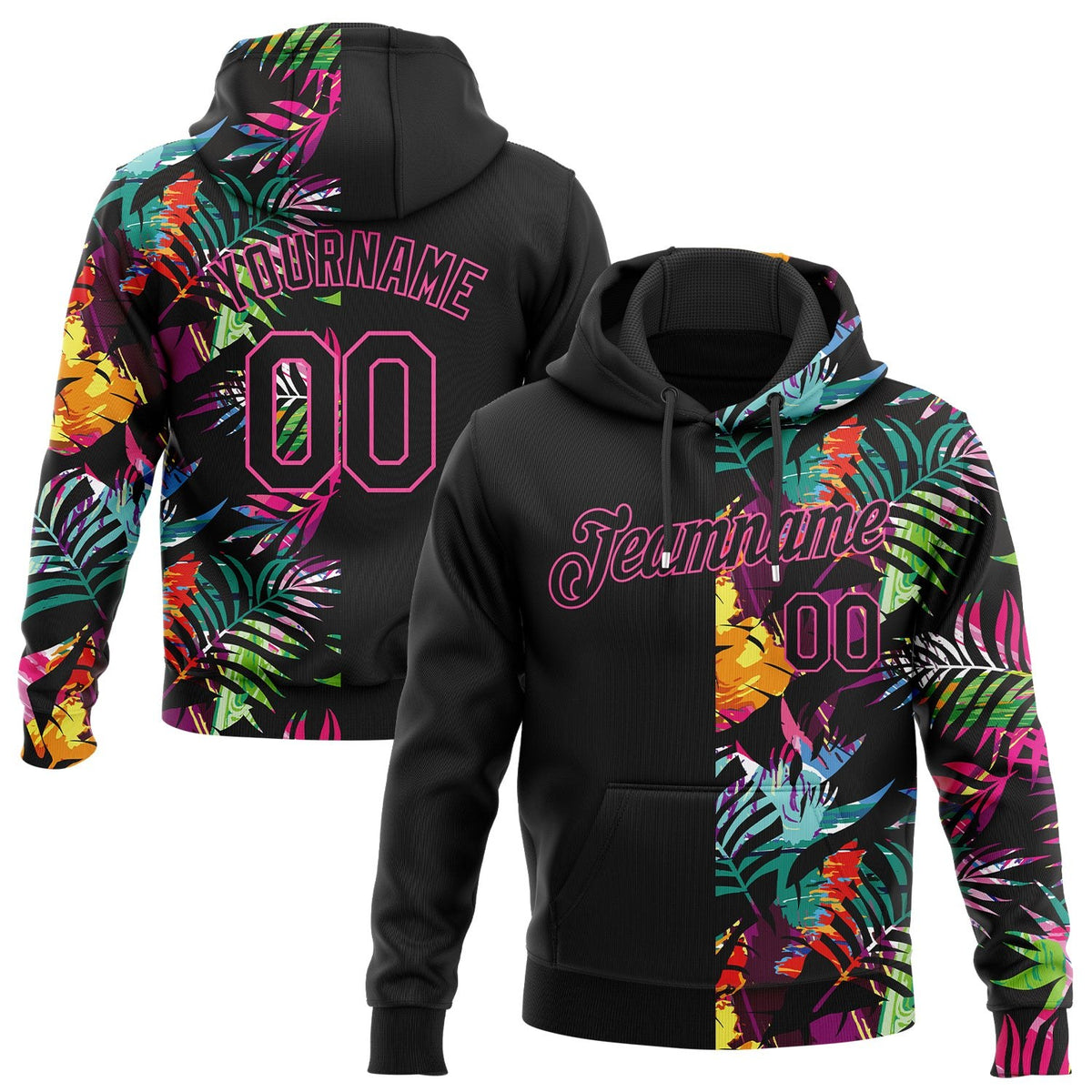 Custom Stitched Black Black-Pink 3D Pattern Design Tropical Palm Leaves Sports Pullover Sweatshirt Hoodie photo 1