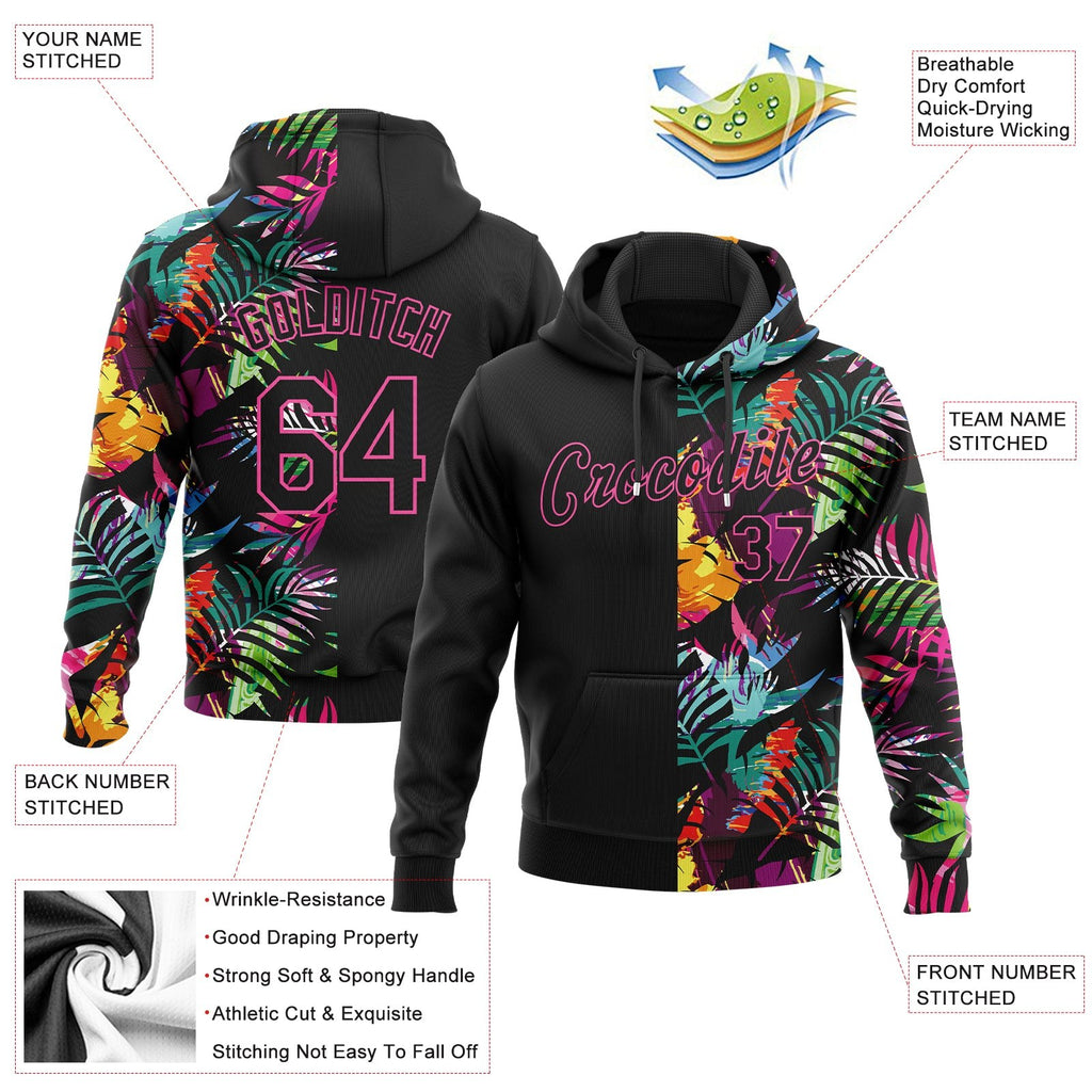 Custom Stitched Black Black-Pink 3D Pattern Design Tropical Palm Leaves Sports Pullover Sweatshirt Hoodie photo 2