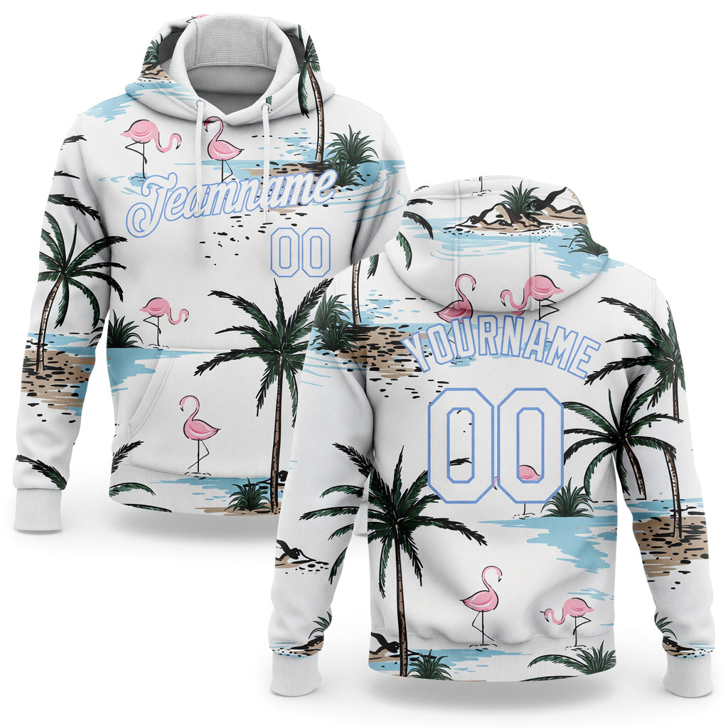 Custom Stitched White White-Light Blue 3D Pattern Design Hawaii Palm Trees Sports Pullover Sweatshirt Hoodie