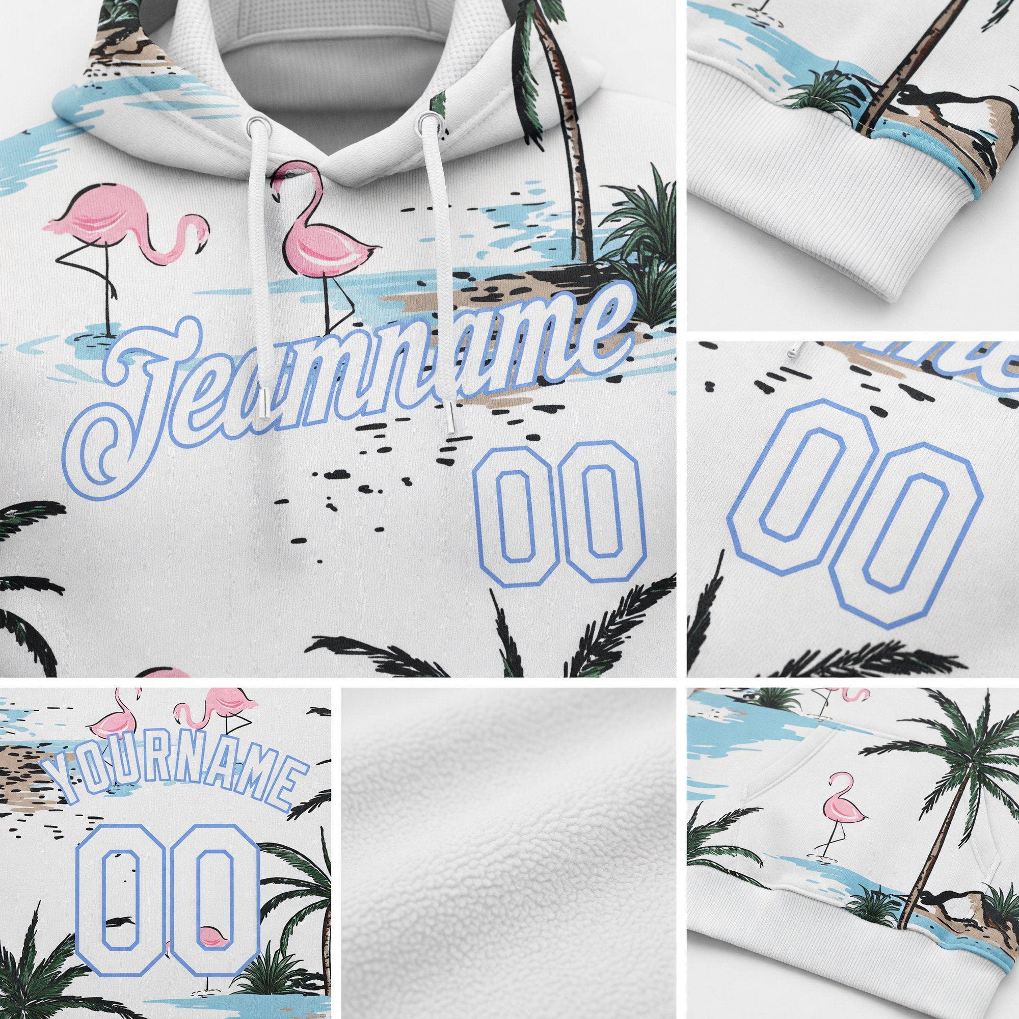 Custom Stitched White White-Light Blue 3D Pattern Design Hawaii Palm Trees Sports Pullover Sweatshirt Hoodie detail