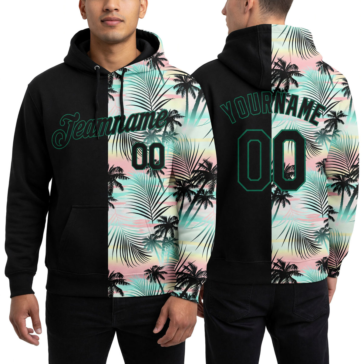 Custom Stitched Black Black-Kelly Green 3D Pattern Design Tropical Palm Leaves Sports Pullover Sweatshirt Hoodie worn front and back