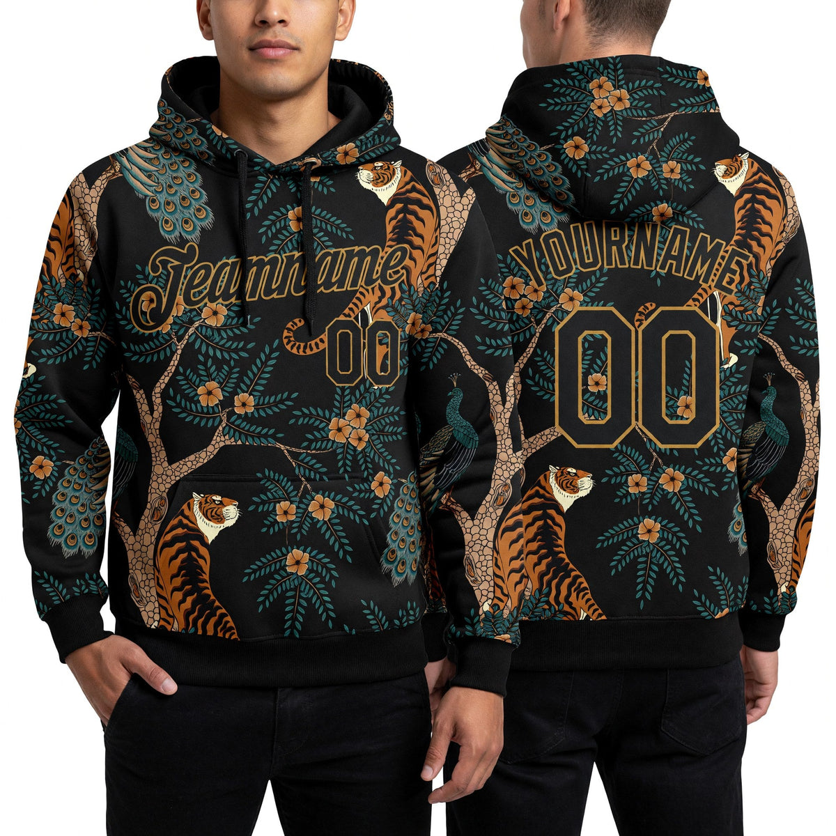 Custom Stitched Black Black-Old Gold 3D Pattern Design Tiger And Peacock Sports Pullover Sweatshirt Hoodie worn front and back