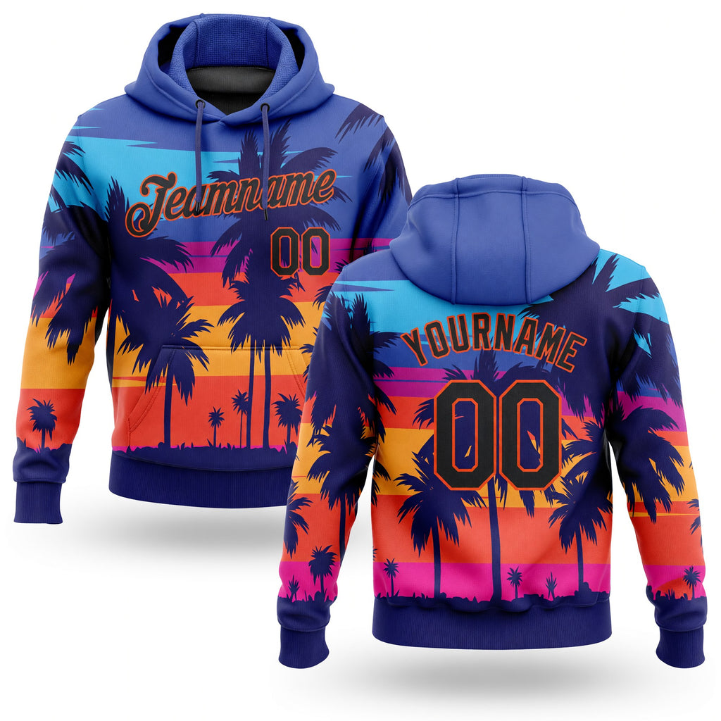 Custom Stitched Royal Black-Orange 3D Pattern Design Palm Trees Sports Pullover Sweatshirt Hoodie