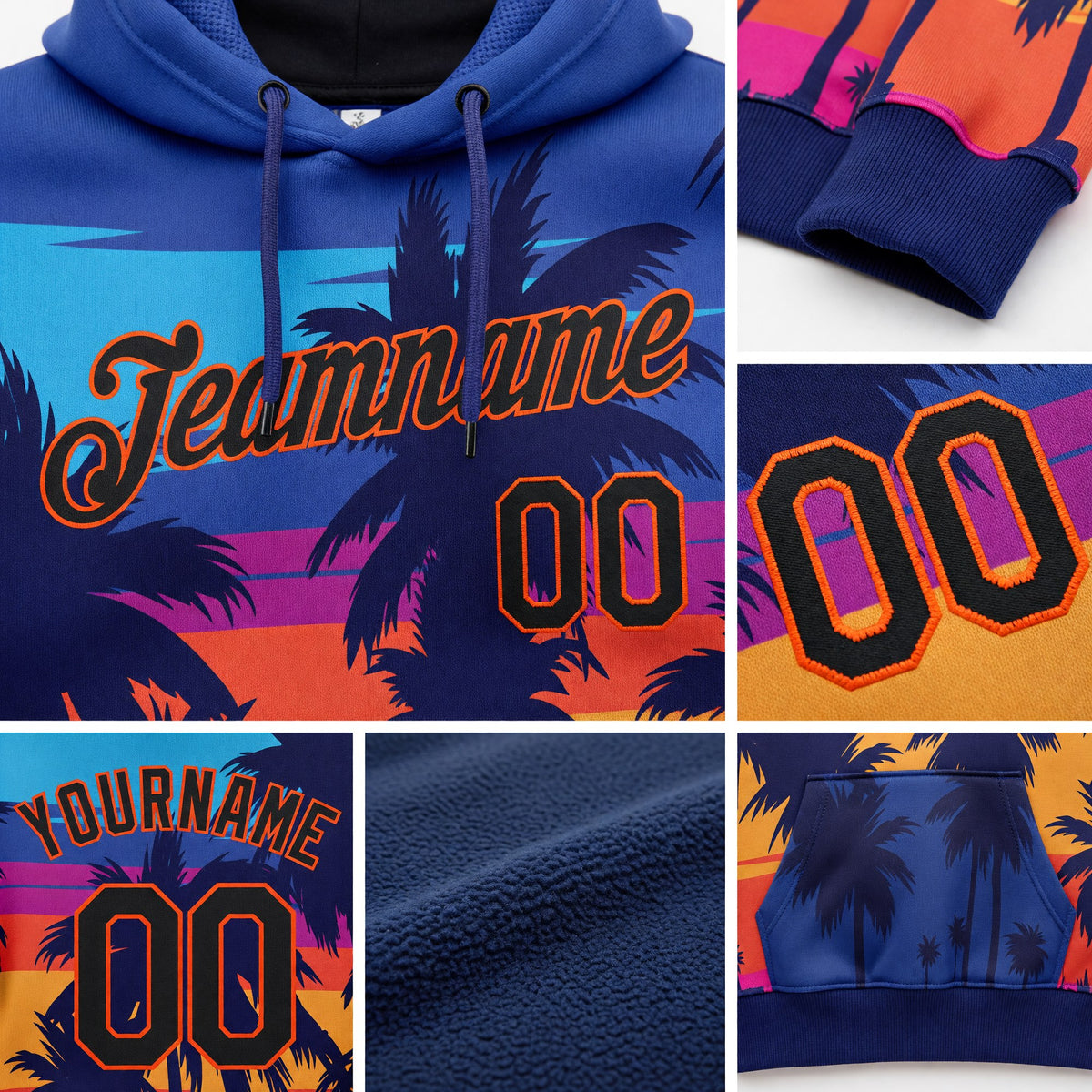 Custom Stitched Royal Black-Orange 3D Pattern Design Palm Trees Sports Pullover Sweatshirt Hoodie detail