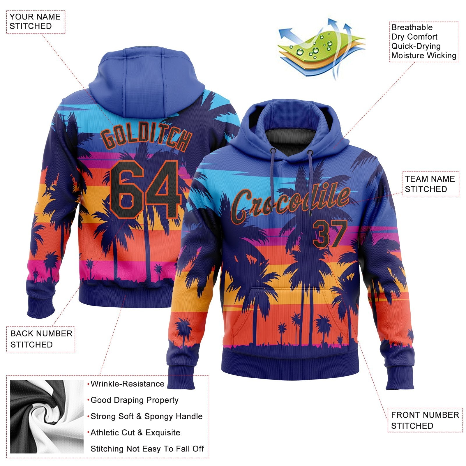 Custom Stitched Royal Black-Orange 3D Pattern Design Palm Trees Sports Pullover Sweatshirt Hoodie photo 2