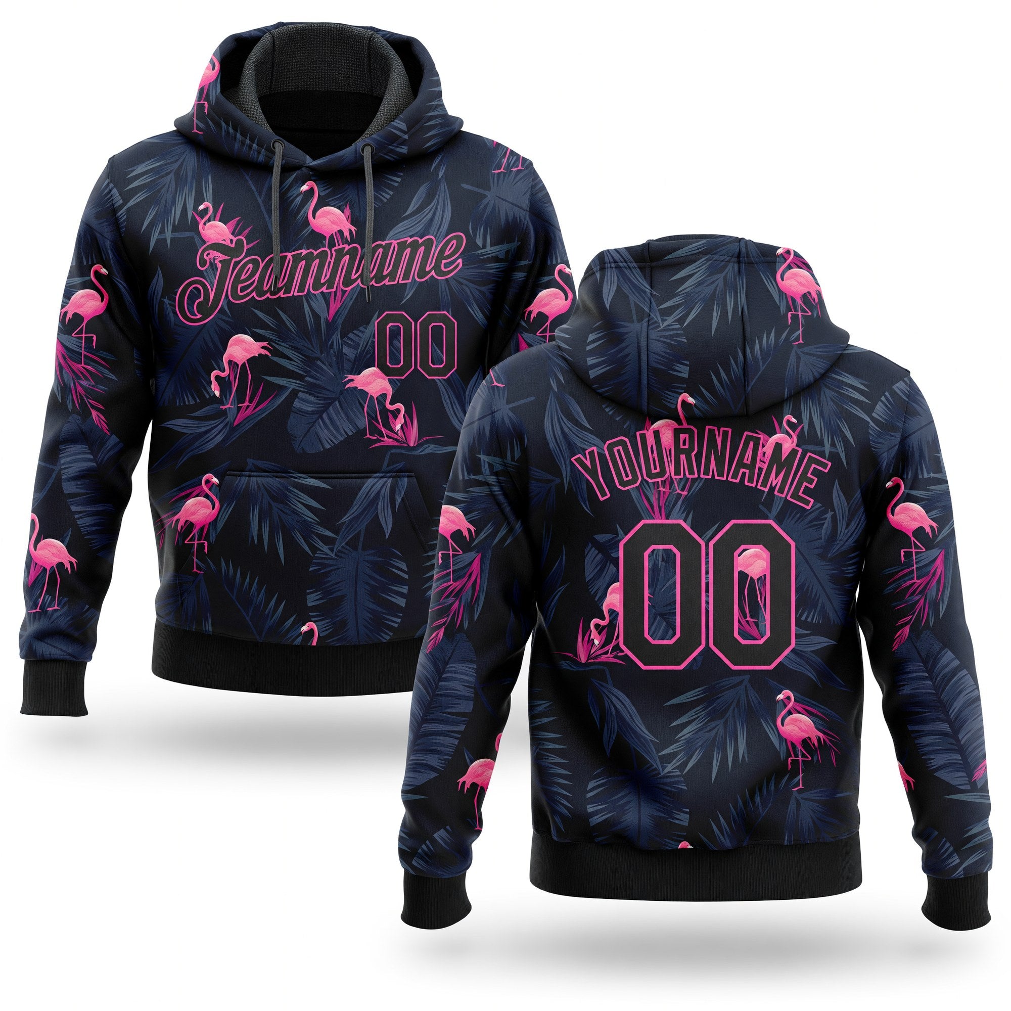 Custom Stitched Black Black-Pink 3D Pattern Design Flamingo Sports Pullover Sweatshirt Hoodie