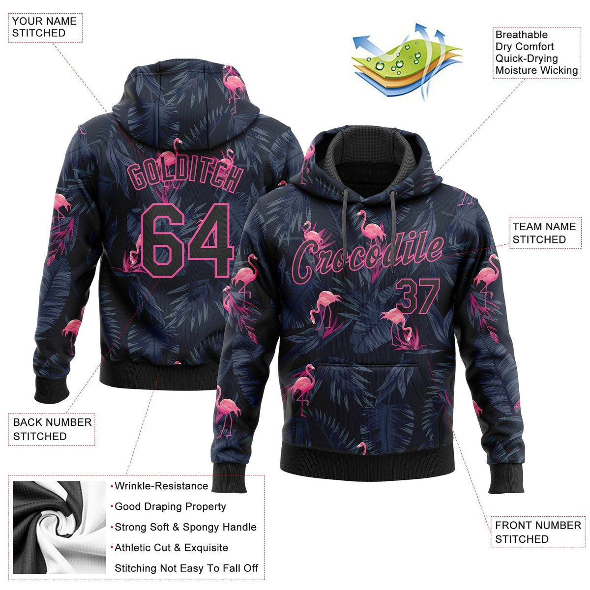 Custom Stitched Black Black-Pink 3D Pattern Design Flamingo Sports Pullover Sweatshirt Hoodie photo 2