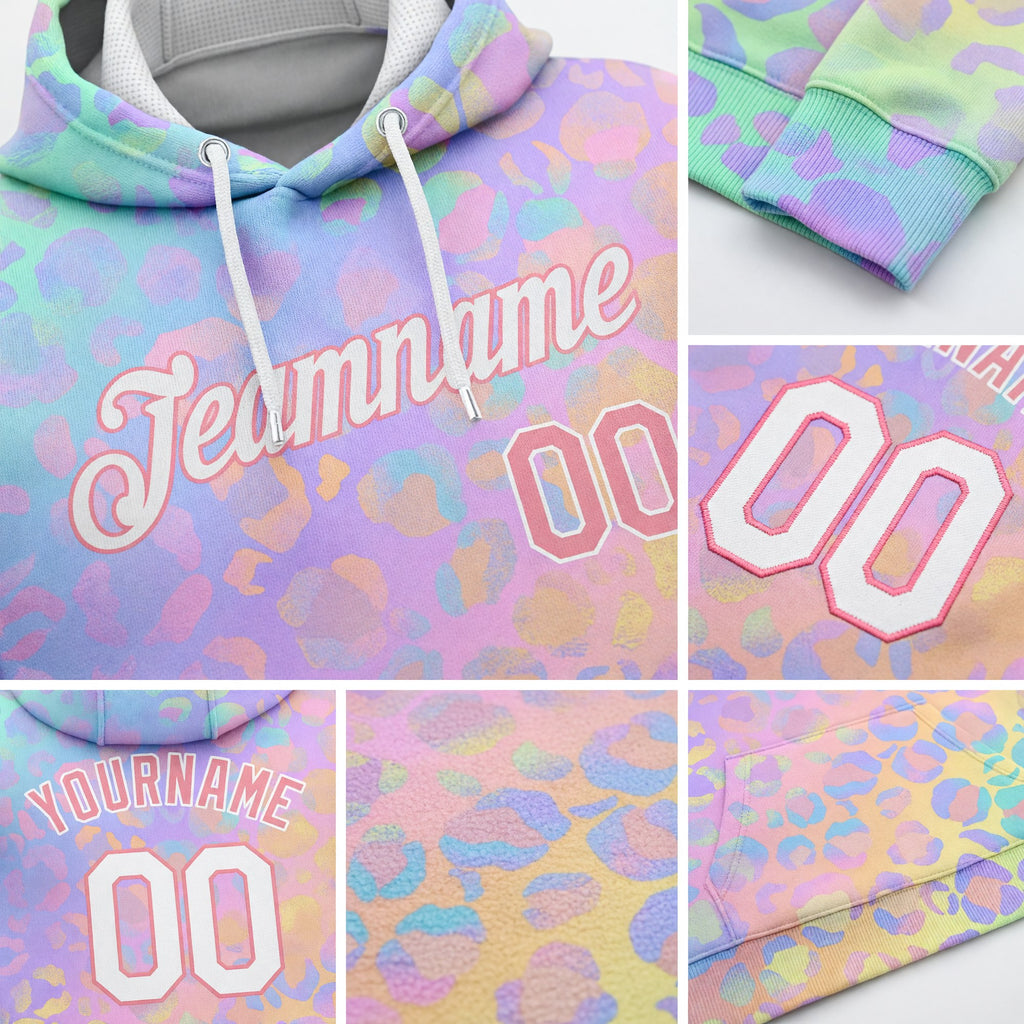 Custom Stitched Light Pink White 3D Pattern Design Leopard Sports Pullover Sweatshirt Hoodie detail