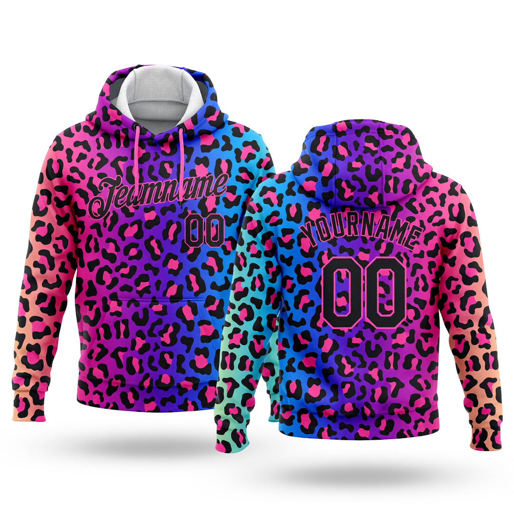 Custom Stitched Purple Black-Pink 3D Pattern Design Leopard Sports Pullover Sweatshirt Hoodie