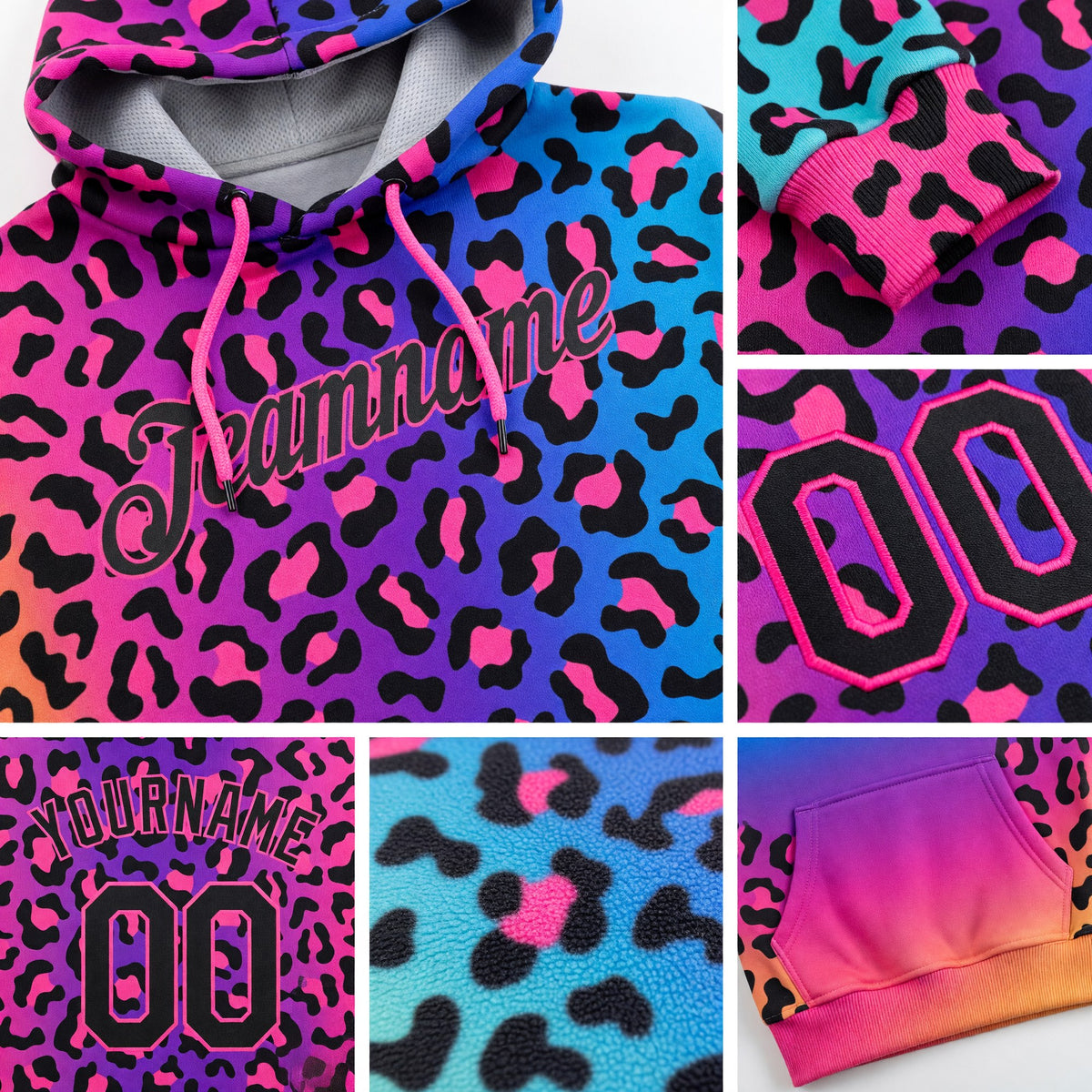 Custom Stitched Purple Black-Pink 3D Pattern Design Leopard Sports Pullover Sweatshirt Hoodie detail