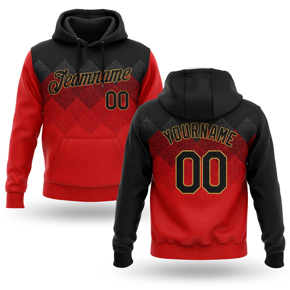 Custom Stitched Red Black-Old Gold 3D Pattern Design Sports Pullover Sweatshirt Hoodie