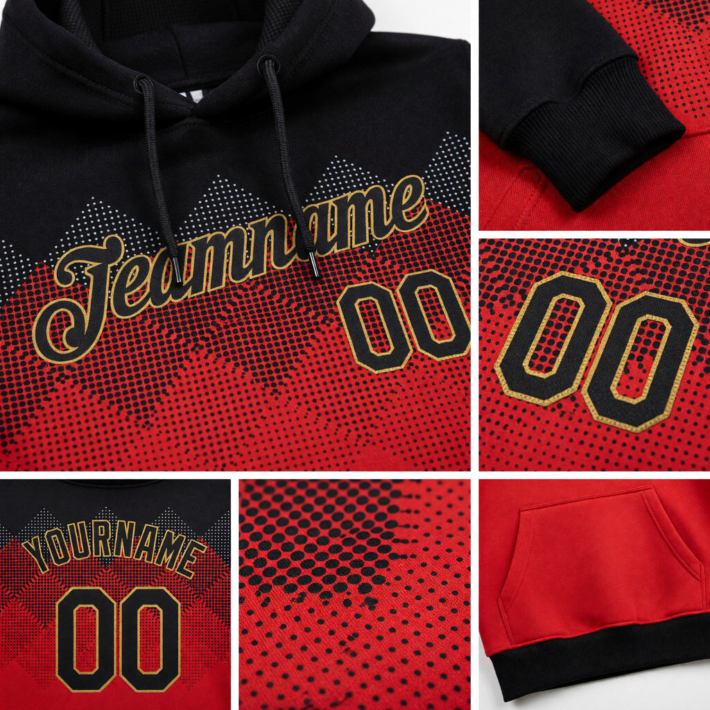 Custom Stitched Red Black-Old Gold 3D Pattern Design Sports Pullover Sweatshirt Hoodie detail