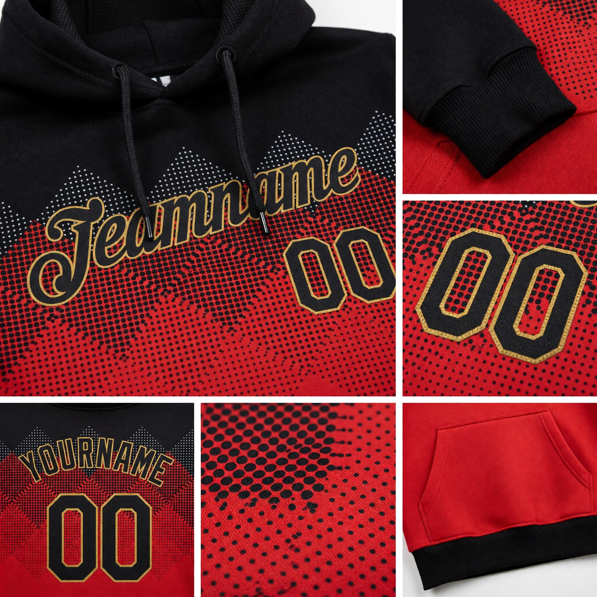 Custom Stitched Red Black-Old Gold 3D Pattern Design Sports Pullover Sweatshirt Hoodie detail